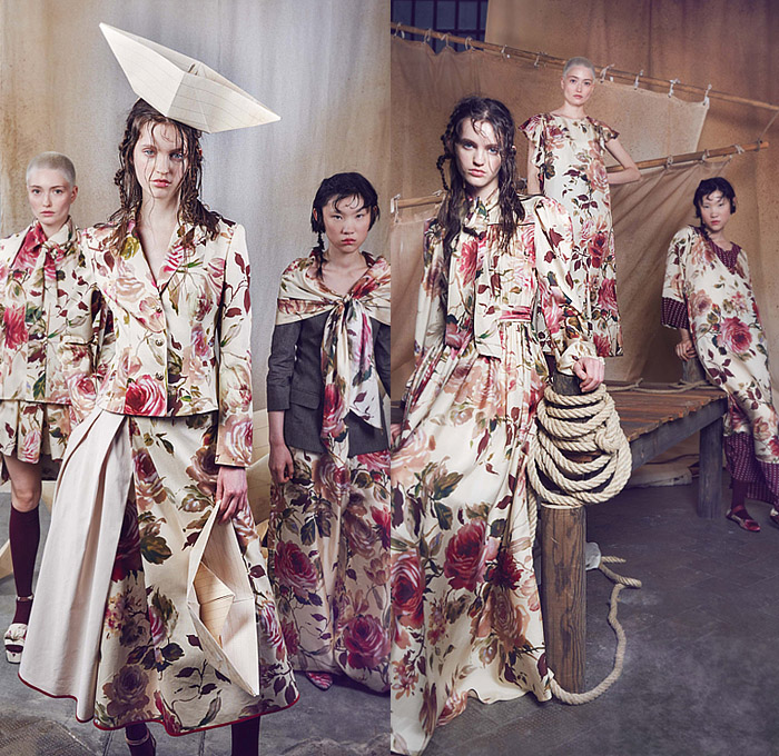 Antonio Marras 2024 Resort Cruise Pre-Spring Womens Lookbook - Denim Jeans Patches Patchwork Blouse Crop Top Midriff Strapless Bedazzled Sequins Paillettes Leaves Feathers Pins Embroidery Accordion Pleats Kimono Pantsuit Oversized Blazer Stripes Shirtdress Parka Trench Coat Knit Cardigan Swirls Waves Mesh Lace Polka Dots Sheer Tulle Pockets Ruffles Bows Ribbons Flowers Floral Roses Plants Dress Miniskirt Wide Leg Shorts Cutoffs Tights Stockings Flats Beret Hat Scarf Sailor Cap