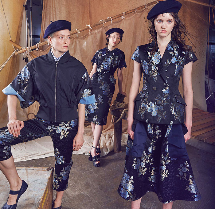 Antonio Marras 2024 Resort Cruise Pre-Spring Womens Lookbook - Denim Jeans Patches Patchwork Blouse Crop Top Midriff Strapless Bedazzled Sequins Paillettes Leaves Feathers Pins Embroidery Accordion Pleats Kimono Pantsuit Oversized Blazer Stripes Shirtdress Parka Trench Coat Knit Cardigan Swirls Waves Mesh Lace Polka Dots Sheer Tulle Pockets Ruffles Bows Ribbons Flowers Floral Roses Plants Dress Miniskirt Wide Leg Shorts Cutoffs Tights Stockings Flats Beret Hat Scarf Sailor Cap