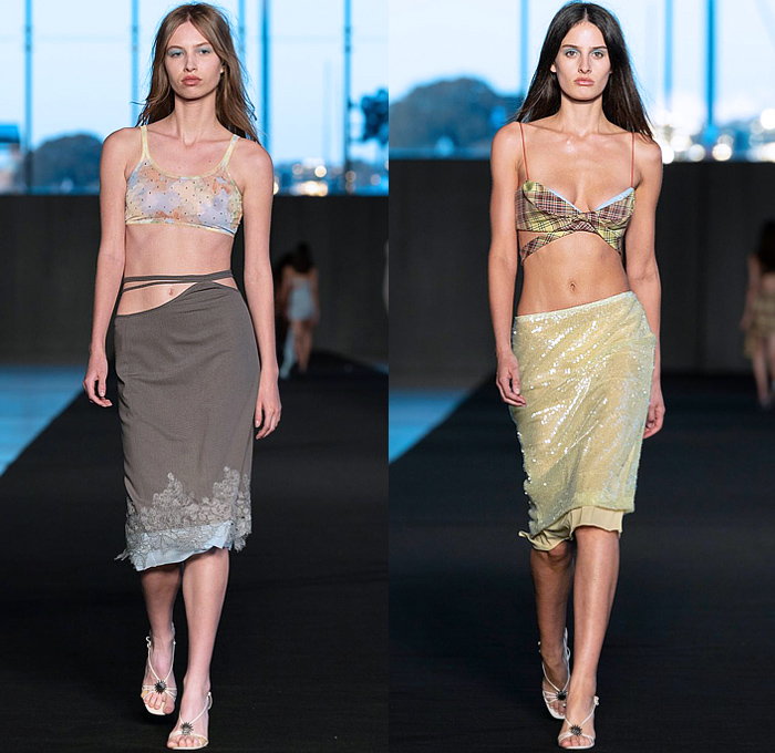 BEC + BRIDGE 2024 Resort Cruise Pre-Spring Womens Runway Collection - Afterpay Australian Fashion Week AAFW - Crop Top Midriff Tank Top Noodle Strap Plaid Check Halterneck One Shoulder Tied Knot Twist Sheer Chiffon Draped Flowers Floral Wrapped High Slit Midi Skirt Miniskirt Strings Lace Embroidery Bedazzled Sequins Crystals Studs Slouchy Wide Leg Asymmetrical Ruffles Tiered Mesh Fishnet Stockings Tights Swirls Spiral Dress Polka Dots Spots 