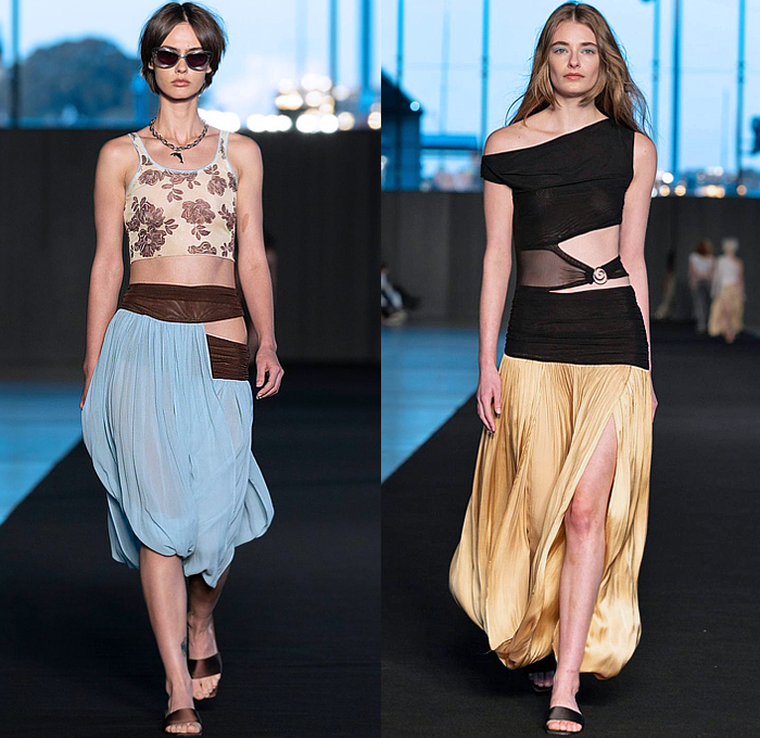 BEC + BRIDGE 2024 Resort Cruise Pre-Spring Womens Runway Collection - Afterpay Australian Fashion Week AAFW - Crop Top Midriff Tank Top Noodle Strap Plaid Check Halterneck One Shoulder Tied Knot Twist Sheer Chiffon Draped Flowers Floral Wrapped High Slit Midi Skirt Miniskirt Strings Lace Embroidery Bedazzled Sequins Crystals Studs Slouchy Wide Leg Asymmetrical Ruffles Tiered Mesh Fishnet Stockings Tights Swirls Spiral Dress Polka Dots Spots 