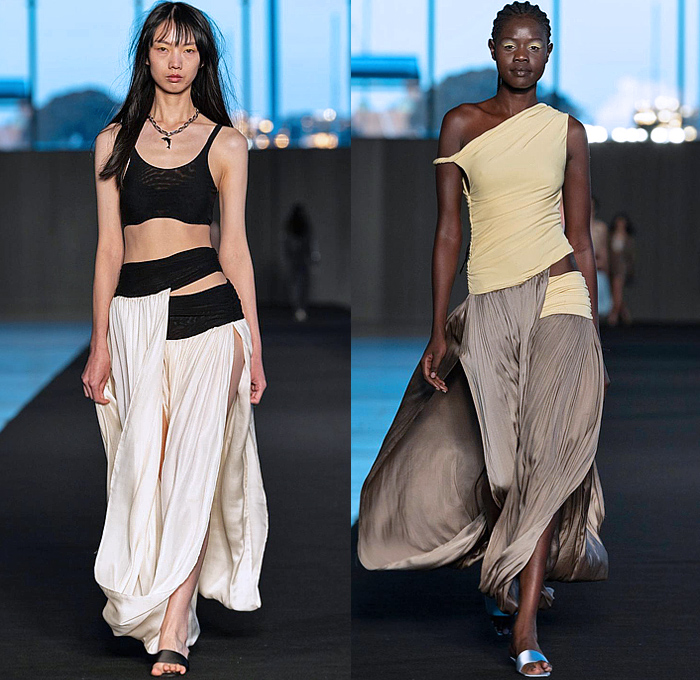 BEC + BRIDGE 2024 Resort Cruise Pre-Spring Womens Runway Collection - Afterpay Australian Fashion Week AAFW - Crop Top Midriff Tank Top Noodle Strap Plaid Check Halterneck One Shoulder Tied Knot Twist Sheer Chiffon Draped Flowers Floral Wrapped High Slit Midi Skirt Miniskirt Strings Lace Embroidery Bedazzled Sequins Crystals Studs Slouchy Wide Leg Asymmetrical Ruffles Tiered Mesh Fishnet Stockings Tights Swirls Spiral Dress Polka Dots Spots 