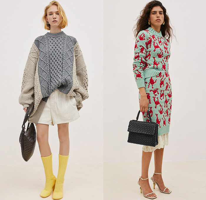 Bottega Veneta 2024 Resort Cruise Pre-Spring Womens Lookbook - Aran Wool Knit Patchwork Jacquard Crabs Sweater Jumper Wide Lapel Puffer Quilted Tricolor Trench Coat Felt Gilet Vest Tabard Argyle Check Weave Elastic Waistband Garter Houndstooth Loop Ring Tied Twist Velvet Pockets Pouch Blazer Jacket Draped Long Dress Pinocchio Print Halterneck Sequins Shorts Gemelli Ball Sphere Handbag Tote Intrecciato Leather Atomic Leggings Tights Sock Boots Knot Sandals Heels Orbit Sneakers