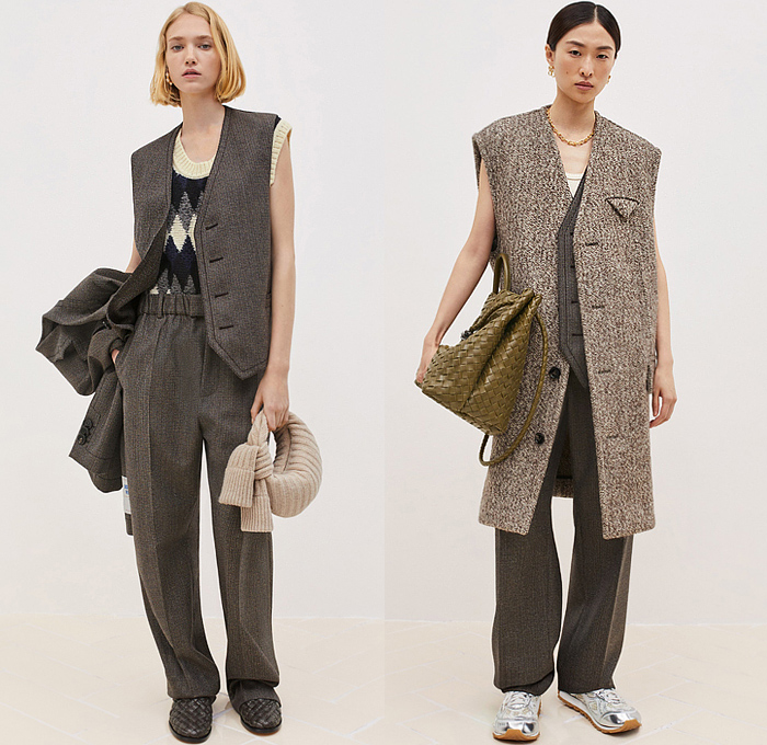 Bottega Veneta 2024 Resort Cruise Pre-Spring Womens Lookbook - Aran Wool Knit Patchwork Jacquard Crabs Sweater Jumper Wide Lapel Puffer Quilted Tricolor Trench Coat Felt Gilet Vest Tabard Argyle Check Weave Elastic Waistband Garter Houndstooth Loop Ring Tied Twist Velvet Pockets Pouch Blazer Jacket Draped Long Dress Pinocchio Print Halterneck Sequins Shorts Gemelli Ball Sphere Handbag Tote Intrecciato Leather Atomic Leggings Tights Sock Boots Knot Sandals Heels Orbit Sneakers