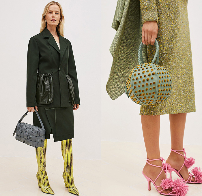 Bottega Veneta 2024 Resort Cruise Pre-Spring Womens Lookbook - Aran Wool Knit Patchwork Jacquard Crabs Sweater Jumper Wide Lapel Puffer Quilted Tricolor Trench Coat Felt Gilet Vest Tabard Argyle Check Weave Elastic Waistband Garter Houndstooth Loop Ring Tied Twist Velvet Pockets Pouch Blazer Jacket Draped Long Dress Pinocchio Print Halterneck Sequins Shorts Gemelli Ball Sphere Handbag Tote Intrecciato Leather Atomic Leggings Tights Sock Boots Knot Sandals Heels Orbit Sneakers