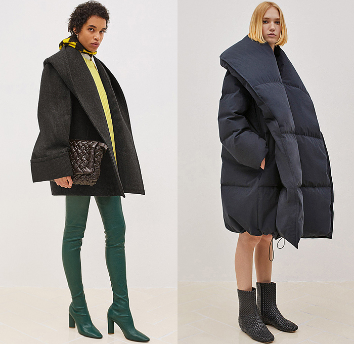 Bottega Veneta 2024 Resort Cruise Pre-Spring Womens Lookbook - Aran Wool Knit Patchwork Jacquard Crabs Sweater Jumper Wide Lapel Puffer Quilted Tricolor Trench Coat Felt Gilet Vest Tabard Argyle Check Weave Elastic Waistband Garter Houndstooth Loop Ring Tied Twist Velvet Pockets Pouch Blazer Jacket Draped Long Dress Pinocchio Print Halterneck Sequins Shorts Gemelli Ball Sphere Handbag Tote Intrecciato Leather Atomic Leggings Tights Sock Boots Knot Sandals Heels Orbit Sneakers