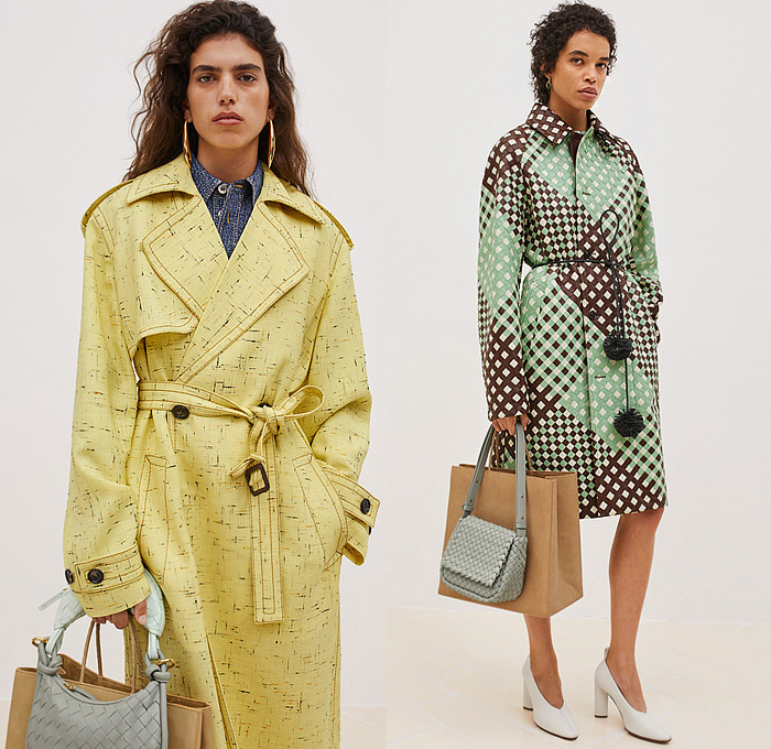 Bottega Veneta 2024 Resort Cruise Pre-Spring Womens Lookbook - Aran Wool Knit Patchwork Jacquard Crabs Sweater Jumper Wide Lapel Puffer Quilted Tricolor Trench Coat Felt Gilet Vest Tabard Argyle Check Weave Elastic Waistband Garter Houndstooth Loop Ring Tied Twist Velvet Pockets Pouch Blazer Jacket Draped Long Dress Pinocchio Print Halterneck Sequins Shorts Gemelli Ball Sphere Handbag Tote Intrecciato Leather Atomic Leggings Tights Sock Boots Knot Sandals Heels Orbit Sneakers