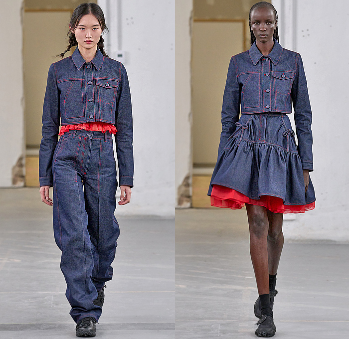 Cecilie Bahnsen 2024 Spring Summer Womens Runway Collection - Paris Fashion Week Femme PFW - Faraway, So Close - Denim Jeans Jacket Slouchy Contrast Stitching Ribbons Poodle Circle Skirt Tutu Sheer Tulle Organza Shirtdress Bell Hem Ruffles Pockets Workwear Cinch Drawstring Embroidery Peplum Fins Skirt Flowers Floral Plaid Check Gingham Babydoll Dress Poufy Shoulders Puff Sleeves Sneakers