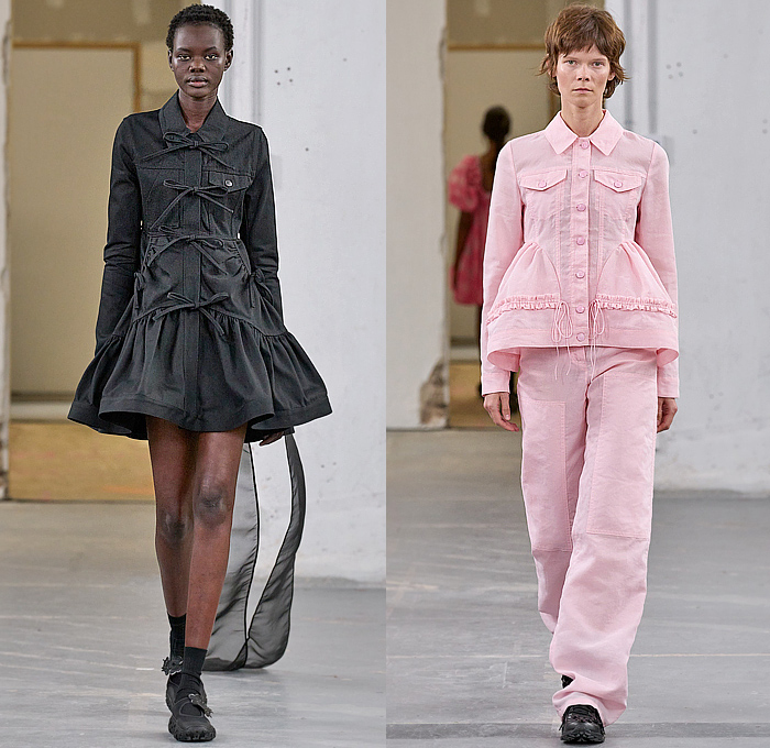 Cecilie Bahnsen 2024 Spring Summer Womens Runway Collection - Paris Fashion Week Femme PFW - Faraway, So Close - Denim Jeans Jacket Slouchy Contrast Stitching Ribbons Poodle Circle Skirt Tutu Sheer Tulle Organza Shirtdress Bell Hem Ruffles Pockets Workwear Cinch Drawstring Embroidery Peplum Fins Skirt Flowers Floral Plaid Check Gingham Babydoll Dress Poufy Shoulders Puff Sleeves Sneakers