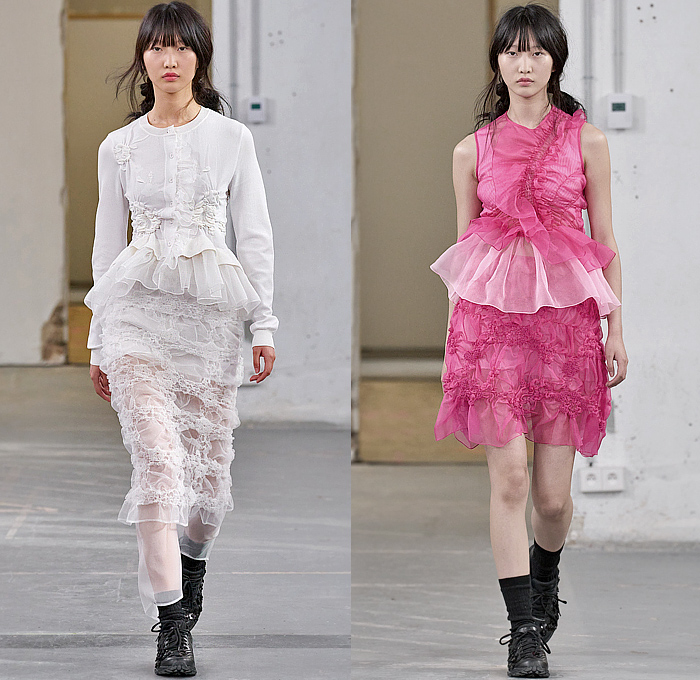 Cecilie Bahnsen 2024 Spring Summer Womens Runway Collection - Paris Fashion Week Femme PFW - Faraway, So Close - Denim Jeans Jacket Slouchy Contrast Stitching Ribbons Poodle Circle Skirt Tutu Sheer Tulle Organza Shirtdress Bell Hem Ruffles Pockets Workwear Cinch Drawstring Embroidery Peplum Fins Skirt Flowers Floral Plaid Check Gingham Babydoll Dress Poufy Shoulders Puff Sleeves Sneakers