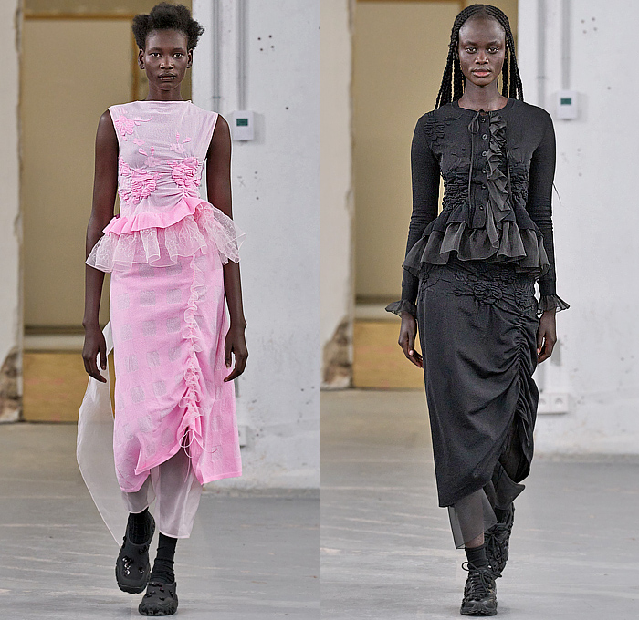 Cecilie Bahnsen 2024 Spring Summer Womens Runway Collection - Paris Fashion Week Femme PFW - Faraway, So Close - Denim Jeans Jacket Slouchy Contrast Stitching Ribbons Poodle Circle Skirt Tutu Sheer Tulle Organza Shirtdress Bell Hem Ruffles Pockets Workwear Cinch Drawstring Embroidery Peplum Fins Skirt Flowers Floral Plaid Check Gingham Babydoll Dress Poufy Shoulders Puff Sleeves Sneakers