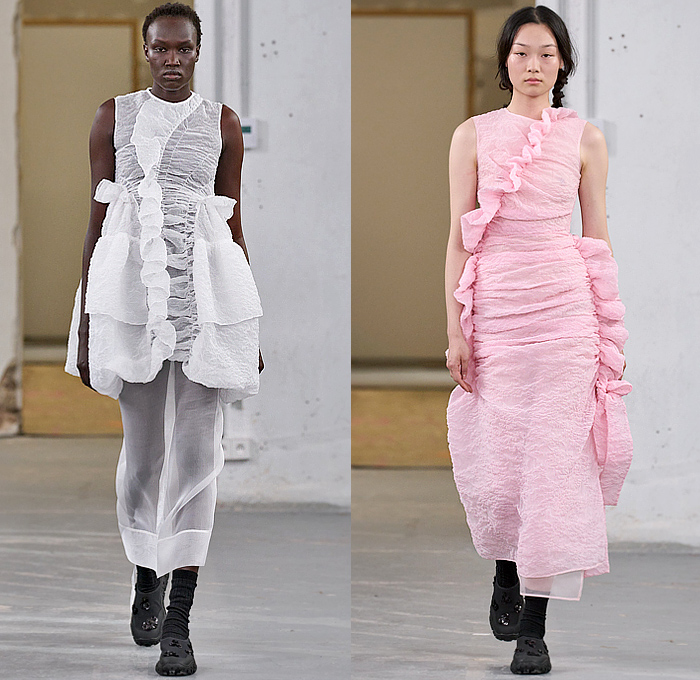 Cecilie Bahnsen 2024 Spring Summer Womens Runway Collection - Paris Fashion Week Femme PFW - Faraway, So Close - Denim Jeans Jacket Slouchy Contrast Stitching Ribbons Poodle Circle Skirt Tutu Sheer Tulle Organza Shirtdress Bell Hem Ruffles Pockets Workwear Cinch Drawstring Embroidery Peplum Fins Skirt Flowers Floral Plaid Check Gingham Babydoll Dress Poufy Shoulders Puff Sleeves Sneakers