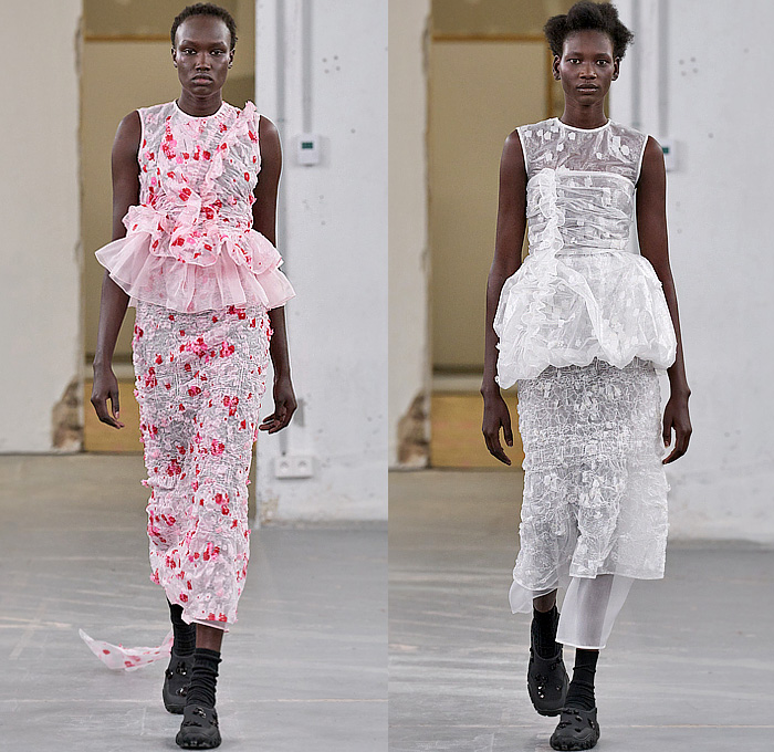 Cecilie Bahnsen 2024 Spring Summer Womens Runway Collection - Paris Fashion Week Femme PFW - Faraway, So Close - Denim Jeans Jacket Slouchy Contrast Stitching Ribbons Poodle Circle Skirt Tutu Sheer Tulle Organza Shirtdress Bell Hem Ruffles Pockets Workwear Cinch Drawstring Embroidery Peplum Fins Skirt Flowers Floral Plaid Check Gingham Babydoll Dress Poufy Shoulders Puff Sleeves Sneakers