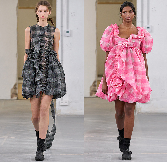 Cecilie Bahnsen 2024 Spring Summer Womens Runway Collection - Paris Fashion Week Femme PFW - Faraway, So Close - Denim Jeans Jacket Slouchy Contrast Stitching Ribbons Poodle Circle Skirt Tutu Sheer Tulle Organza Shirtdress Bell Hem Ruffles Pockets Workwear Cinch Drawstring Embroidery Peplum Fins Skirt Flowers Floral Plaid Check Gingham Babydoll Dress Poufy Shoulders Puff Sleeves Sneakers