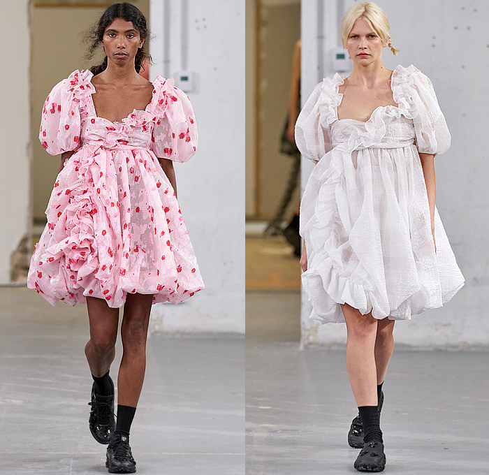Cecilie Bahnsen 2024 Spring Summer Womens Runway Collection - Paris Fashion Week Femme PFW - Faraway, So Close - Denim Jeans Jacket Slouchy Contrast Stitching Ribbons Poodle Circle Skirt Tutu Sheer Tulle Organza Shirtdress Bell Hem Ruffles Pockets Workwear Cinch Drawstring Embroidery Peplum Fins Skirt Flowers Floral Plaid Check Gingham Babydoll Dress Poufy Shoulders Puff Sleeves Sneakers