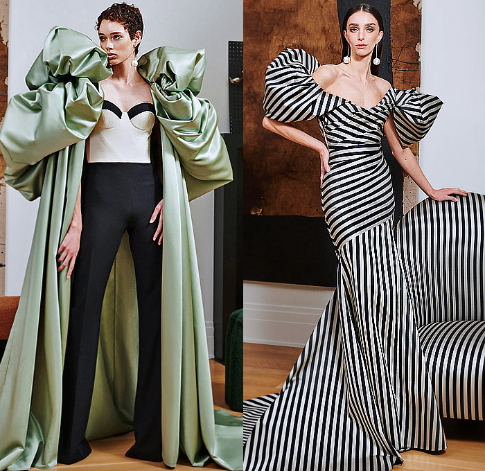 Christian Siriano 2024 Resort Cruise Pre-Spring Womens Lookbook Collection - Puff Ball Poufy Shoulders Cape Draped Bustier Dress Gown Sofa Stripes Strapless Blazer Jacket Pantsuit Wide Leg Palazzo Pants One Shoulder Bell Sleeves Cinch Pleats Slashed Cutout Asymmetrical Hem Feathers Plumage High Slit Skirt Oversized Skirt Sheer Tulle Tiered Ruffles Turtleneck Flowers Floral Embroidery Trompe L'oeil Roses Crop Top Midriff Giant Pearls Blazerdress Tuxedogown Heels