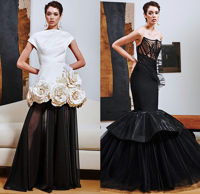 Christian Siriano 2024 Resort Cruise Pre-Spring Womens Lookbook Collection - Puff Ball Poufy Shoulders Cape Draped Bustier Dress Gown Sofa Stripes Strapless Blazer Jacket Pantsuit Wide Leg Palazzo Pants One Shoulder Bell Sleeves Cinch Pleats Slashed Cutout Asymmetrical Hem Feathers Plumage High Slit Skirt Oversized Skirt Sheer Tulle Tiered Ruffles Turtleneck Flowers Floral Embroidery Trompe L'oeil Roses Crop Top Midriff Giant Pearls Blazerdress Tuxedogown Heels