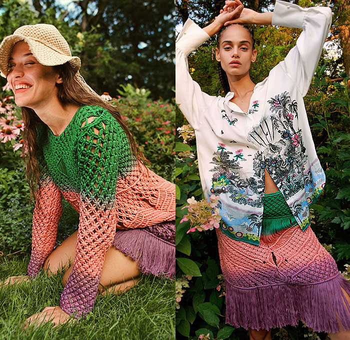 Chufy 2024 Spring Summer Womens Lookbook - Plant Magick - Knit Weave Crochet Mesh Fringes Pineapple Plants Flowers Floral Garden Foliage Island Marsh Coconut Trees Animals Lion Camel Mushrooms Butterflies Peacock Feathers Eyespots Ocelli Blouse Sleeveless Long Sleeve Maxi Dress Shirtdress Onesie Miniskirt Rib Pleats Wide Leg Palazzo Pants Stripes Halterneck Strapless Open Shoulders Sandals