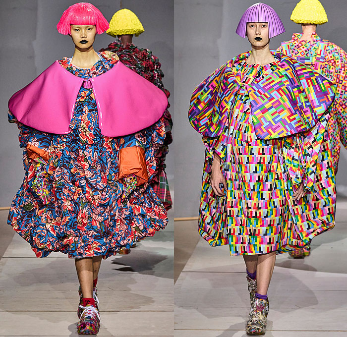 Comme des Garçons 2024 Spring Summer Womens Runway Collection - Paris Fashion Week Femme PFW - Wigs Wide Collar Flowers Floral Voluminous Tiered Rags Ruffles Geometric Bulb Ball Sphere Coat Dress Robe Kimono Wide Sleeves Pipe Cone Giant Bow Bags Sacks Colorful Asymmetrical Deconstructed Patchwork Renaissance Faces Silk Satin Lace Polygon Tires Sheer Tulle Spiral Frame Plaid Check Tartan Cycling Shorts Hood Leather Cape Bedazzled Sneakers Boots Gems Trinkets