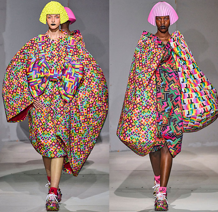 Comme des Garçons 2024 Spring Summer Womens Runway Collection - Paris Fashion Week Femme PFW - Wigs Wide Collar Flowers Floral Voluminous Tiered Rags Ruffles Geometric Bulb Ball Sphere Coat Dress Robe Kimono Wide Sleeves Pipe Cone Giant Bow Bags Sacks Colorful Asymmetrical Deconstructed Patchwork Renaissance Faces Silk Satin Lace Polygon Tires Sheer Tulle Spiral Frame Plaid Check Tartan Cycling Shorts Hood Leather Cape Bedazzled Sneakers Boots Gems Trinkets