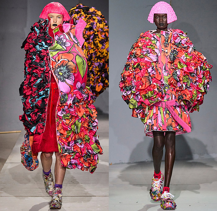 Comme des Garçons 2024 Spring Summer Womens Runway Collection - Paris Fashion Week Femme PFW - Wigs Wide Collar Flowers Floral Voluminous Tiered Rags Ruffles Geometric Bulb Ball Sphere Coat Dress Robe Kimono Wide Sleeves Pipe Cone Giant Bow Bags Sacks Colorful Asymmetrical Deconstructed Patchwork Renaissance Faces Silk Satin Lace Polygon Tires Sheer Tulle Spiral Frame Plaid Check Tartan Cycling Shorts Hood Leather Cape Bedazzled Sneakers Boots Gems Trinkets