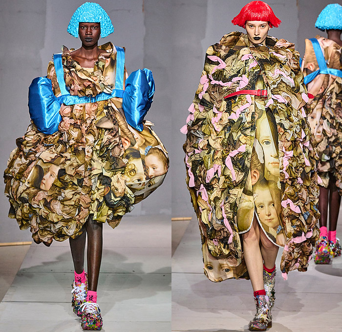 Comme des Garçons 2024 Spring Summer Womens Runway Collection - Paris Fashion Week Femme PFW - Wigs Wide Collar Flowers Floral Voluminous Tiered Rags Ruffles Geometric Bulb Ball Sphere Coat Dress Robe Kimono Wide Sleeves Pipe Cone Giant Bow Bags Sacks Colorful Asymmetrical Deconstructed Patchwork Renaissance Faces Silk Satin Lace Polygon Tires Sheer Tulle Spiral Frame Plaid Check Tartan Cycling Shorts Hood Leather Cape Bedazzled Sneakers Boots Gems Trinkets