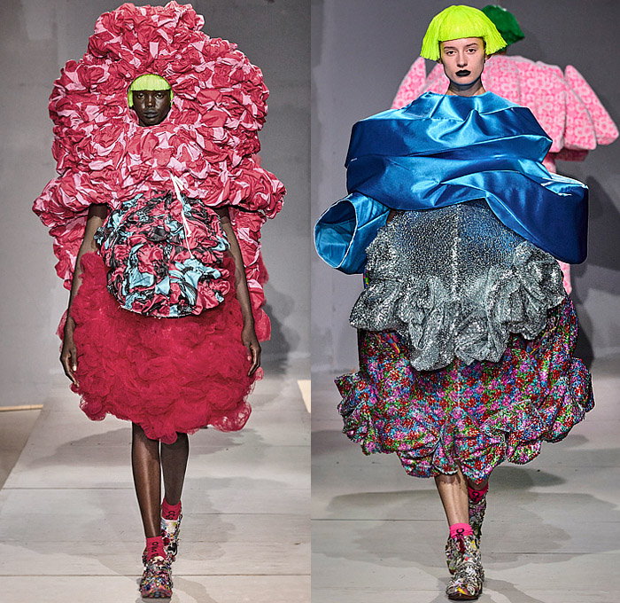 Comme des Garçons 2024 Spring Summer Womens Runway Collection - Paris Fashion Week Femme PFW - Wigs Wide Collar Flowers Floral Voluminous Tiered Rags Ruffles Geometric Bulb Ball Sphere Coat Dress Robe Kimono Wide Sleeves Pipe Cone Giant Bow Bags Sacks Colorful Asymmetrical Deconstructed Patchwork Renaissance Faces Silk Satin Lace Polygon Tires Sheer Tulle Spiral Frame Plaid Check Tartan Cycling Shorts Hood Leather Cape Bedazzled Sneakers Boots Gems Trinkets