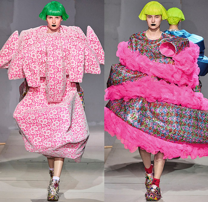 Comme des Garçons 2024 Spring Summer Womens Runway Collection - Paris Fashion Week Femme PFW - Wigs Wide Collar Flowers Floral Voluminous Tiered Rags Ruffles Geometric Bulb Ball Sphere Coat Dress Robe Kimono Wide Sleeves Pipe Cone Giant Bow Bags Sacks Colorful Asymmetrical Deconstructed Patchwork Renaissance Faces Silk Satin Lace Polygon Tires Sheer Tulle Spiral Frame Plaid Check Tartan Cycling Shorts Hood Leather Cape Bedazzled Sneakers Boots Gems Trinkets