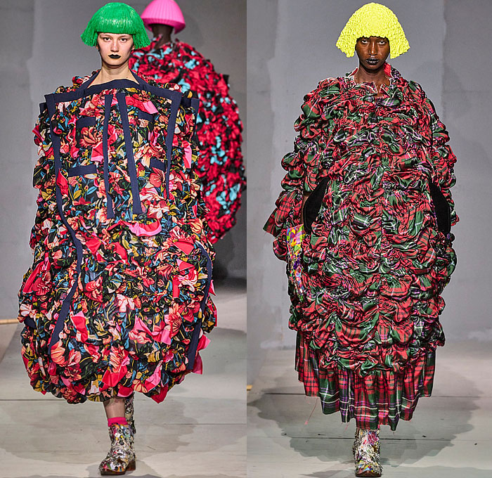 Comme des Garçons 2024 Spring Summer Womens Runway Collection - Paris Fashion Week Femme PFW - Wigs Wide Collar Flowers Floral Voluminous Tiered Rags Ruffles Geometric Bulb Ball Sphere Coat Dress Robe Kimono Wide Sleeves Pipe Cone Giant Bow Bags Sacks Colorful Asymmetrical Deconstructed Patchwork Renaissance Faces Silk Satin Lace Polygon Tires Sheer Tulle Spiral Frame Plaid Check Tartan Cycling Shorts Hood Leather Cape Bedazzled Sneakers Boots Gems Trinkets