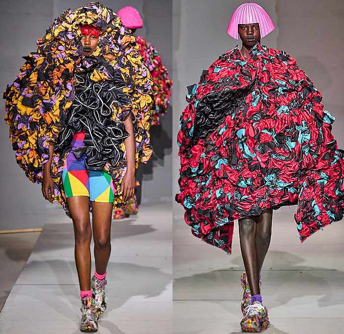 Comme des Garçons 2024 Spring Summer Womens Runway Collection - Paris Fashion Week Femme PFW - Wigs Wide Collar Flowers Floral Voluminous Tiered Rags Ruffles Geometric Bulb Ball Sphere Coat Dress Robe Kimono Wide Sleeves Pipe Cone Giant Bow Bags Sacks Colorful Asymmetrical Deconstructed Patchwork Renaissance Faces Silk Satin Lace Polygon Tires Sheer Tulle Spiral Frame Plaid Check Tartan Cycling Shorts Hood Leather Cape Bedazzled Sneakers Boots Gems Trinkets