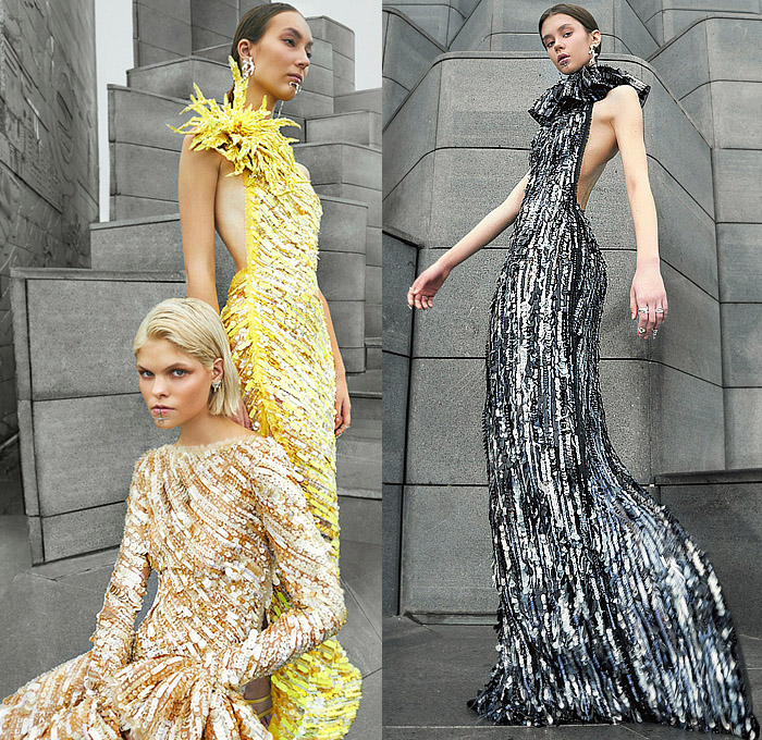 Cong Tri 2024 Spring Summer Womens Lookbook - Feathers Bedazzled Sequins Crystals Gems Dress Eveningwear Goddess Gown Ruffles Poncho Mullet High-Low Hem Sheer Tulle Blouse Wide Leg Palazzo Pants Cutout Waist Pixels Pleats Ribbed Twist Trompe L'oeil Flowers Floral Leaves Foliage Draped V-Neck Diamond-Shape Strapless Puff Sleeves Crop Top Midriff Vest One Shoulder Pantsuit Miniskirt Cargo Pants Blazer Capelet Pellegrina Stripes Two-Tone Gladiators