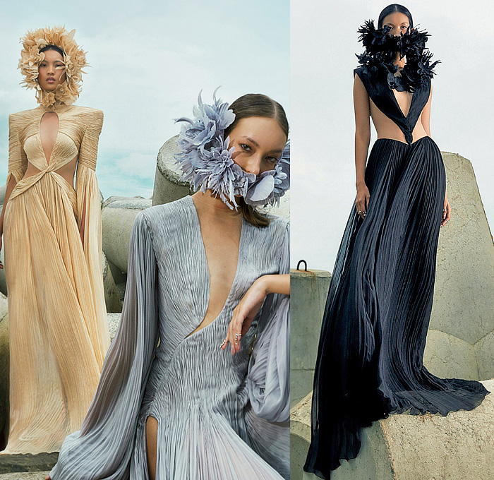 Cong Tri 2024 Spring Summer Womens Lookbook - Feathers Bedazzled Sequins Crystals Gems Dress Eveningwear Goddess Gown Ruffles Poncho Mullet High-Low Hem Sheer Tulle Blouse Wide Leg Palazzo Pants Cutout Waist Pixels Pleats Ribbed Twist Trompe L'oeil Flowers Floral Leaves Foliage Draped V-Neck Diamond-Shape Strapless Puff Sleeves Crop Top Midriff Vest One Shoulder Pantsuit Miniskirt Cargo Pants Blazer Capelet Pellegrina Stripes Two-Tone Gladiators