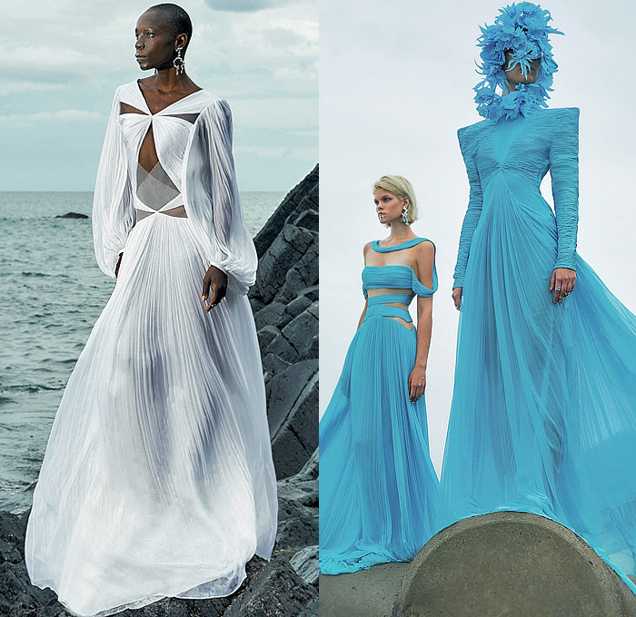 Cong Tri 2024 Spring Summer Womens Lookbook - Feathers Bedazzled Sequins Crystals Gems Dress Eveningwear Goddess Gown Ruffles Poncho Mullet High-Low Hem Sheer Tulle Blouse Wide Leg Palazzo Pants Cutout Waist Pixels Pleats Ribbed Twist Trompe L'oeil Flowers Floral Leaves Foliage Draped V-Neck Diamond-Shape Strapless Puff Sleeves Crop Top Midriff Vest One Shoulder Pantsuit Miniskirt Cargo Pants Blazer Capelet Pellegrina Stripes Two-Tone Gladiators