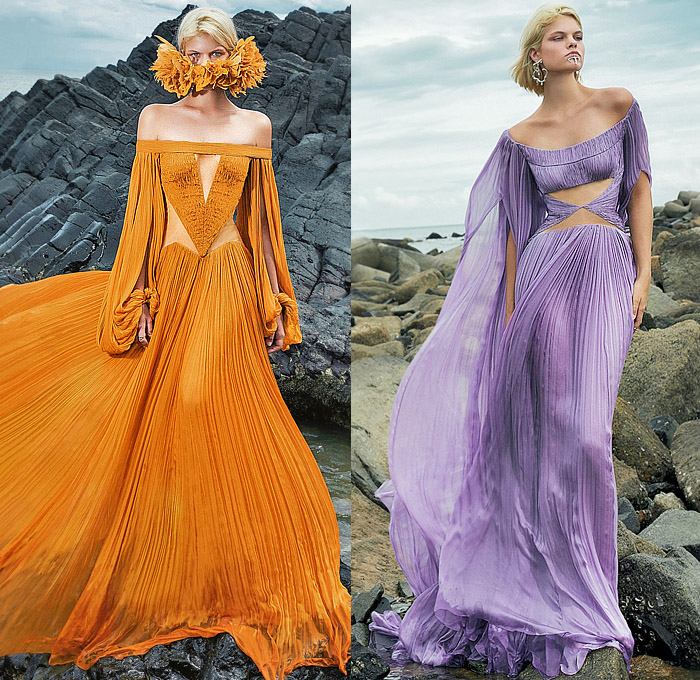 Cong Tri 2024 Spring Summer Womens Lookbook - Feathers Bedazzled Sequins Crystals Gems Dress Eveningwear Goddess Gown Ruffles Poncho Mullet High-Low Hem Sheer Tulle Blouse Wide Leg Palazzo Pants Cutout Waist Pixels Pleats Ribbed Twist Trompe L'oeil Flowers Floral Leaves Foliage Draped V-Neck Diamond-Shape Strapless Puff Sleeves Crop Top Midriff Vest One Shoulder Pantsuit Miniskirt Cargo Pants Blazer Capelet Pellegrina Stripes Two-Tone Gladiators