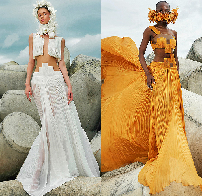 Cong Tri 2024 Spring Summer Womens Lookbook - Feathers Bedazzled Sequins Crystals Gems Dress Eveningwear Goddess Gown Ruffles Poncho Mullet High-Low Hem Sheer Tulle Blouse Wide Leg Palazzo Pants Cutout Waist Pixels Pleats Ribbed Twist Trompe L'oeil Flowers Floral Leaves Foliage Draped V-Neck Diamond-Shape Strapless Puff Sleeves Crop Top Midriff Vest One Shoulder Pantsuit Miniskirt Cargo Pants Blazer Capelet Pellegrina Stripes Two-Tone Gladiators