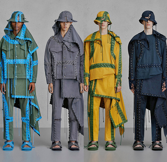 Craig Green 2024 Spring Summer Mens Lookbook Collection 2023-2024 Fall Winter Transition - Wrestling Dummies Pads Denim Jean Jacket Shoelaces Patchwork Stitches Cape Asymmetrical Minimalist Vestdress Tabard Quilted Puffer Balaclava Manskirt Concave Hem Coat Parka Rainwear Mask Flowers Floral Embroidery Fur Shearling Tipi Knit Poncho Cloak Fringes Threads Stripes Hood Canopy Tent Strings Duck Bill Sandals Safari Hat Handbag