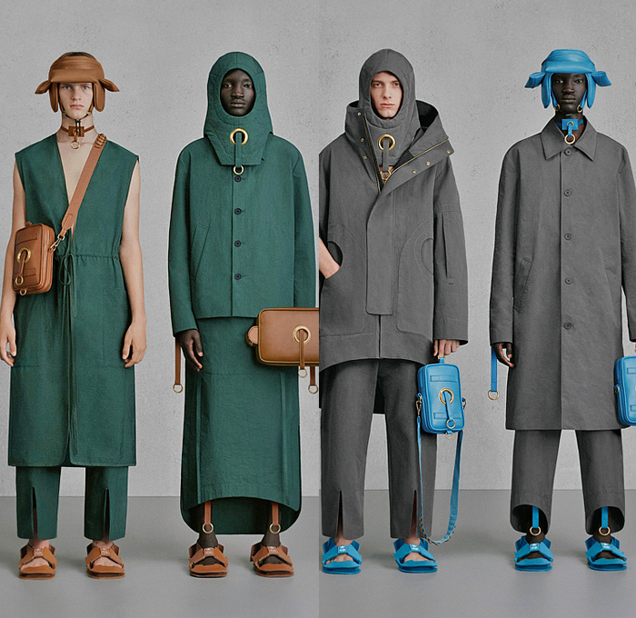 Craig Green 2024 Spring Summer Mens Lookbook Collection 2023-2024 Fall Winter Transition - Wrestling Dummies Pads Denim Jean Jacket Shoelaces Patchwork Stitches Cape Asymmetrical Minimalist Vestdress Tabard Quilted Puffer Balaclava Manskirt Concave Hem Coat Parka Rainwear Mask Flowers Floral Embroidery Fur Shearling Tipi Knit Poncho Cloak Fringes Threads Stripes Hood Canopy Tent Strings Duck Bill Sandals Safari Hat Handbag