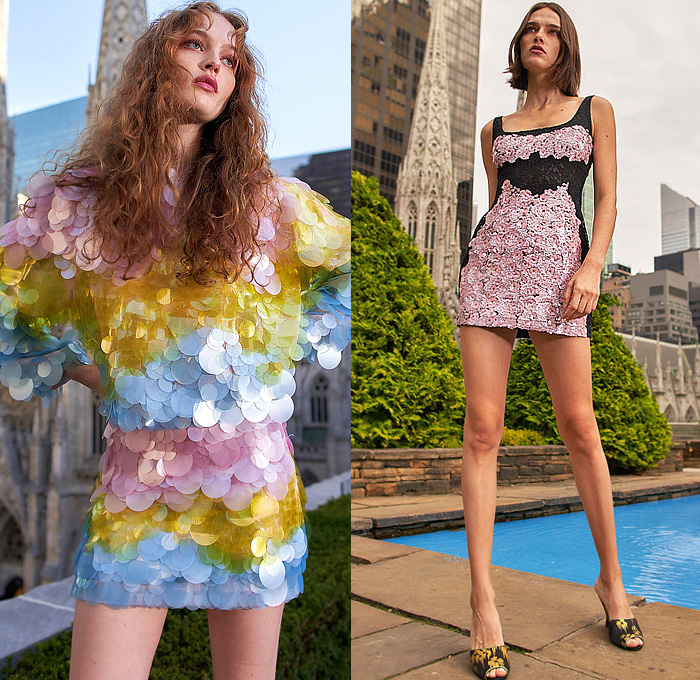 Cynthia Rowley 2024 Spring Summer Womens Lookbook Presentation - Sequins Crystals Feathers Sheer Tulle Flowers Floral Plants Blazer Shorts Bandeau Crop Top Midriff Miniskirt Stripes Sweater Mesh Wide Leg Palazzo Pants Multicolored Lace Embroidery Pockets Ribbons Prairie Dress Ruffles Cinch Shirtdress Decorative Art Blouse Fringes Patchwork Denim Jeans Hybrid Skirt Draped Trompe L'oeil Safari Jacket Zigzag Strapless Heels