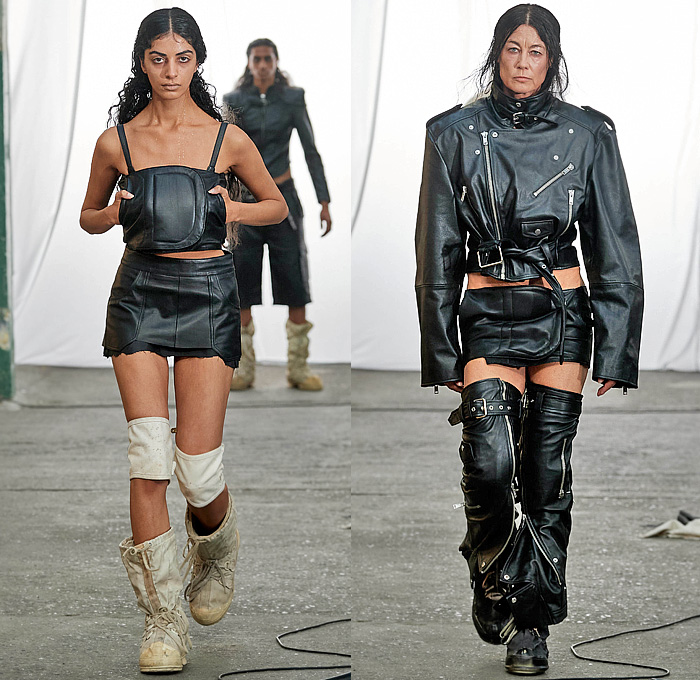 Deadwood 2024 Spring Summer Womens Mens Runway Collection - Copenhagen Fashion Week Denmark CPHFW København - Uplifted - Vintage Upcycled Deadstock Leather Recycled Crop Top Midriff Miniskirt Bomber Motorcycle Biker Moto Jacket Patchwork Terra Cotta Utility Pockets Deconstructed Head Wrap Balaclava Straps Belts Slouchy Wide Leg Outerwear Coat Shoelaces Dress Cargo Shorts Quilted Puffer Scarf Asymmetrical Shoulder Sleeve Zipper Skirt Leg Warmers Desert Boots