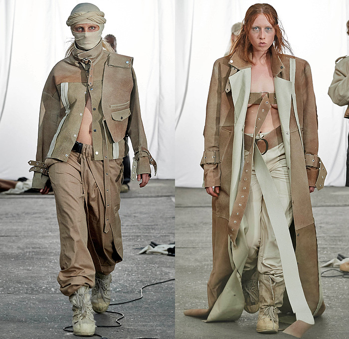 Deadwood 2024 Spring Summer Womens Mens Runway Collection - Copenhagen Fashion Week Denmark CPHFW København - Uplifted - Vintage Upcycled Deadstock Leather Recycled Crop Top Midriff Miniskirt Bomber Motorcycle Biker Moto Jacket Patchwork Terra Cotta Utility Pockets Deconstructed Head Wrap Balaclava Straps Belts Slouchy Wide Leg Outerwear Coat Shoelaces Dress Cargo Shorts Quilted Puffer Scarf Asymmetrical Shoulder Sleeve Zipper Skirt Leg Warmers Desert Boots
