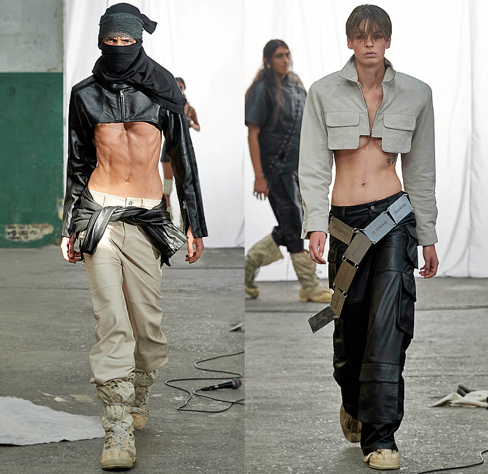 Deadwood 2024 Spring Summer Womens Mens Runway Collection - Copenhagen Fashion Week Denmark CPHFW København - Uplifted - Vintage Upcycled Deadstock Leather Recycled Crop Top Midriff Miniskirt Bomber Motorcycle Biker Moto Jacket Patchwork Terra Cotta Utility Pockets Deconstructed Head Wrap Balaclava Straps Belts Slouchy Wide Leg Outerwear Coat Shoelaces Dress Cargo Shorts Quilted Puffer Scarf Asymmetrical Shoulder Sleeve Zipper Skirt Leg Warmers Desert Boots