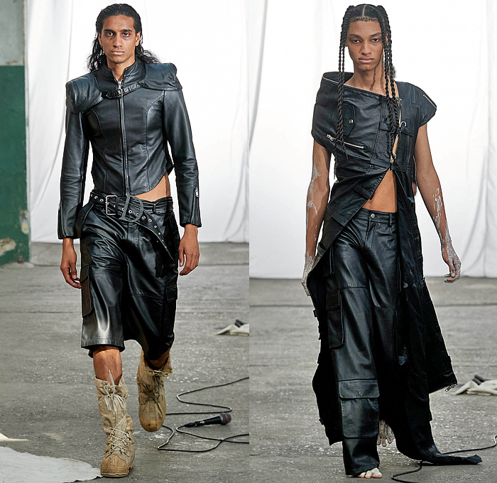 Deadwood 2024 Spring Summer Womens Mens Runway Collection - Copenhagen Fashion Week Denmark CPHFW København - Uplifted - Vintage Upcycled Deadstock Leather Recycled Crop Top Midriff Miniskirt Bomber Motorcycle Biker Moto Jacket Patchwork Terra Cotta Utility Pockets Deconstructed Head Wrap Balaclava Straps Belts Slouchy Wide Leg Outerwear Coat Shoelaces Dress Cargo Shorts Quilted Puffer Scarf Asymmetrical Shoulder Sleeve Zipper Skirt Leg Warmers Desert Boots