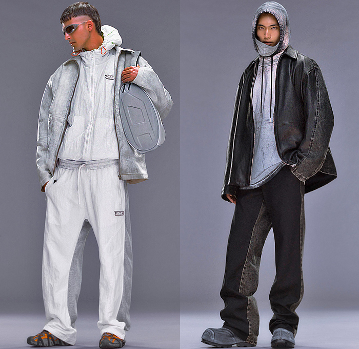 Diesel 2024 Resort Cruise Pre-Spring Mens Lookbook - Glenn Martens - Oval D Hardware Logo Hoodie Sweatshirt Destroyed Destructed Holes Layers Treated Denim Jeans Grunge Industrialized Dark Wash Slouchy Loose Baggy Cargo Utility Pockets Split Half Trackwear Blazer Bomber Jacket Outerwear Parka Anorak Windbreaker Sweatpants Jogger Track Pants Shorts Streetwear Casual Boots Trainers Backpack Bag Tote Baseball Hat