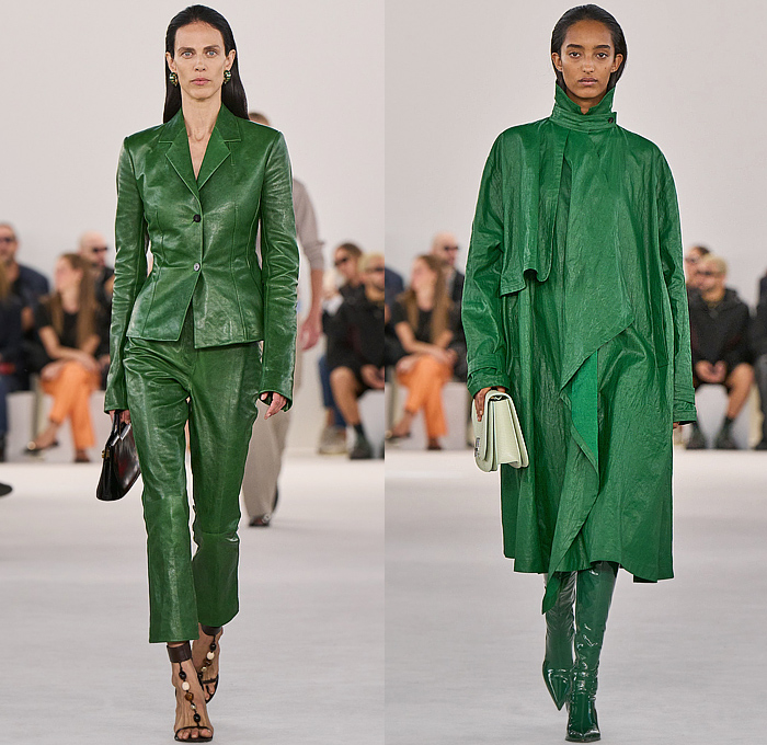 Salvatore Ferragamo 2024 Spring Summer Womens Runway Collection - Milano Moda Donna Collezione Milan Fashion Week Italy - Sage Green Strapless Open Shoulders Mesh Beads Wide Belt Maxi Dress Pleats Armor Full Skirt Pantsuit Blazer Outerwear Trench Coat Parka Two-Tone Hanging Sleeve Capelet Metal Hardware Rings Loops Turtleneck Knit Halterneck One Shoulder Venus Fly Trap Cuffs Hug Fiamma Handbag Tote Boots