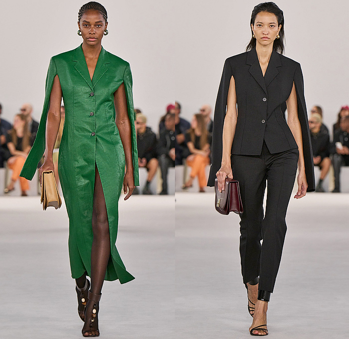 Salvatore Ferragamo 2024 Spring Summer Womens Runway Collection - Milano Moda Donna Collezione Milan Fashion Week Italy - Sage Green Strapless Open Shoulders Mesh Beads Wide Belt Maxi Dress Pleats Armor Full Skirt Pantsuit Blazer Outerwear Trench Coat Parka Two-Tone Hanging Sleeve Capelet Metal Hardware Rings Loops Turtleneck Knit Halterneck One Shoulder Venus Fly Trap Cuffs Hug Fiamma Handbag Tote Boots