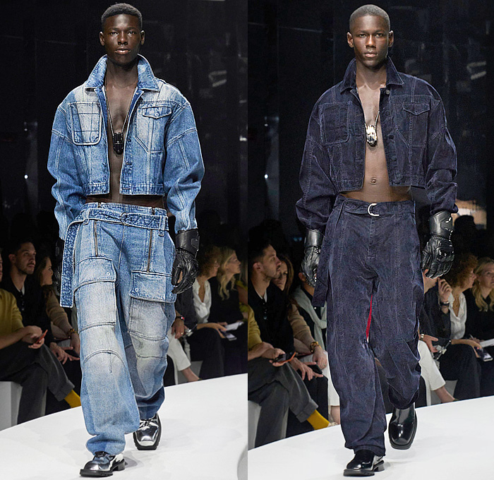 Ferrari 2024 Spring Summer Mens Runway Collection - Milano Moda Donna Milan Fashion Week Italy - Power of Desire - Onesie Jumpsuit Coveralls Boilersuit Mechanic Suit Bib Brace Denim Jeans Dark Wash Utility Pockets PVC Vinyl Pleather Jacket Wide Leg Baggy Loose Holes Perforated Cap Sleeve Shorts Silk Satin Loungewear Puff Sleeves Zipper Cargo Pants Outerwear Coat Parka Handbag Gloves Gauntlet