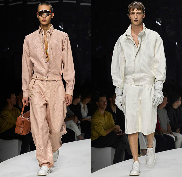 Ferrari 2024 Spring Summer Mens Runway Collection - Milano Moda Donna Milan Fashion Week Italy - Power of Desire - Onesie Jumpsuit Coveralls Boilersuit Mechanic Suit Bib Brace Denim Jeans Dark Wash Utility Pockets PVC Vinyl Pleather Jacket Wide Leg Baggy Loose Holes Perforated Cap Sleeve Shorts Silk Satin Loungewear Puff Sleeves Zipper Cargo Pants Outerwear Coat Parka Handbag Gloves Gauntlet