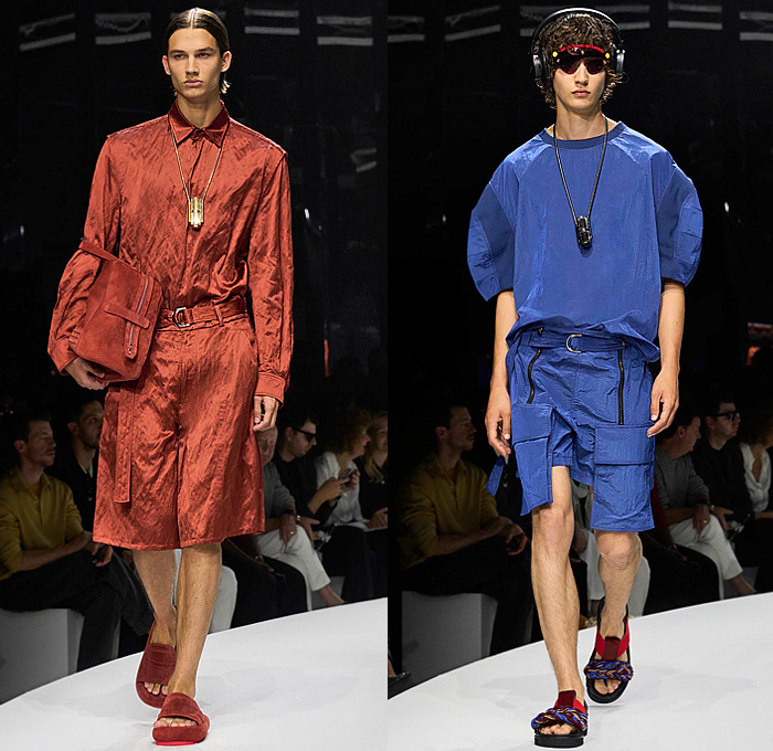 Ferrari 2024 Spring Summer Mens Runway Collection - Milano Moda Donna Milan Fashion Week Italy - Power of Desire - Onesie Jumpsuit Coveralls Boilersuit Mechanic Suit Bib Brace Denim Jeans Dark Wash Utility Pockets PVC Vinyl Pleather Jacket Wide Leg Baggy Loose Holes Perforated Cap Sleeve Shorts Silk Satin Loungewear Puff Sleeves Zipper Cargo Pants Outerwear Coat Parka Handbag Gloves Gauntlet