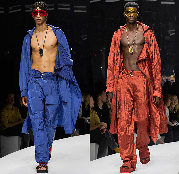 Ferrari 2024 Spring Summer Mens Runway Collection - Milano Moda Donna Milan Fashion Week Italy - Power of Desire - Onesie Jumpsuit Coveralls Boilersuit Mechanic Suit Bib Brace Denim Jeans Dark Wash Utility Pockets PVC Vinyl Pleather Jacket Wide Leg Baggy Loose Holes Perforated Cap Sleeve Shorts Silk Satin Loungewear Puff Sleeves Zipper Cargo Pants Outerwear Coat Parka Handbag Gloves Gauntlet