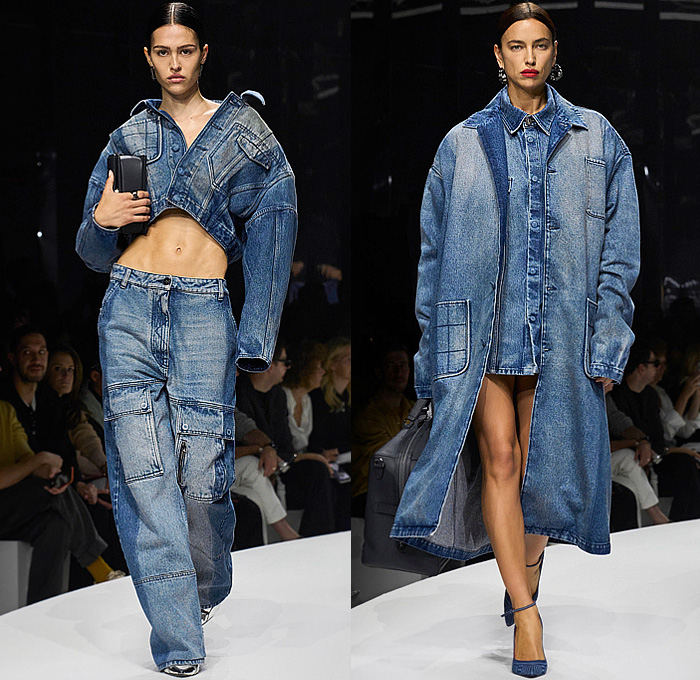 Ferrari 2024 Spring Summer Womens Runway Collection - Milan Fashion Week Italy - Power of Desire - Oversized Denim Jacket Jeans Crop Top Midriff Utility Pockets Cargo Pants Wide Leg Baggy Workwear Mechanic Suit Jumpsuit Coveralls Coat Wide Poufy Puff Sleeves Onesie Shirtdress Silk Satin Knit Ribbed Sweater Sweaterdress Bedazzled Crystals Dress Trapezoid Neck Leggings Tights Thigh High Gloves Gauntlet Sunglasses Shades Welding Glasses Handbag Lunch Bag