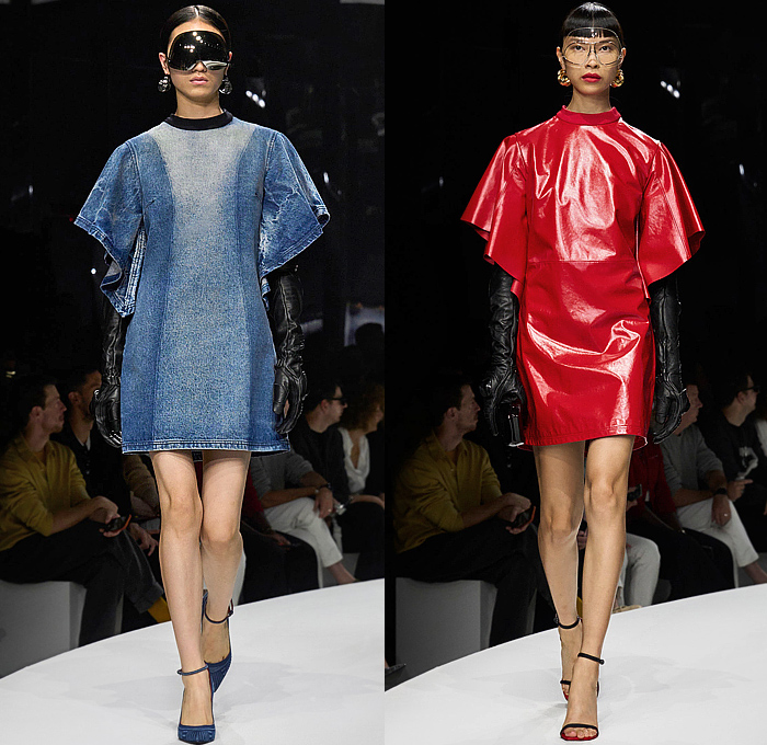 Ferrari 2024 Spring Summer Womens Runway Collection - Milan Fashion Week Italy - Power of Desire - Oversized Denim Jacket Jeans Crop Top Midriff Utility Pockets Cargo Pants Wide Leg Baggy Workwear Mechanic Suit Jumpsuit Coveralls Coat Wide Poufy Puff Sleeves Onesie Shirtdress Silk Satin Knit Ribbed Sweater Sweaterdress Bedazzled Crystals Dress Trapezoid Neck Leggings Tights Thigh High Gloves Gauntlet Sunglasses Shades Welding Glasses Handbag Lunch Bag